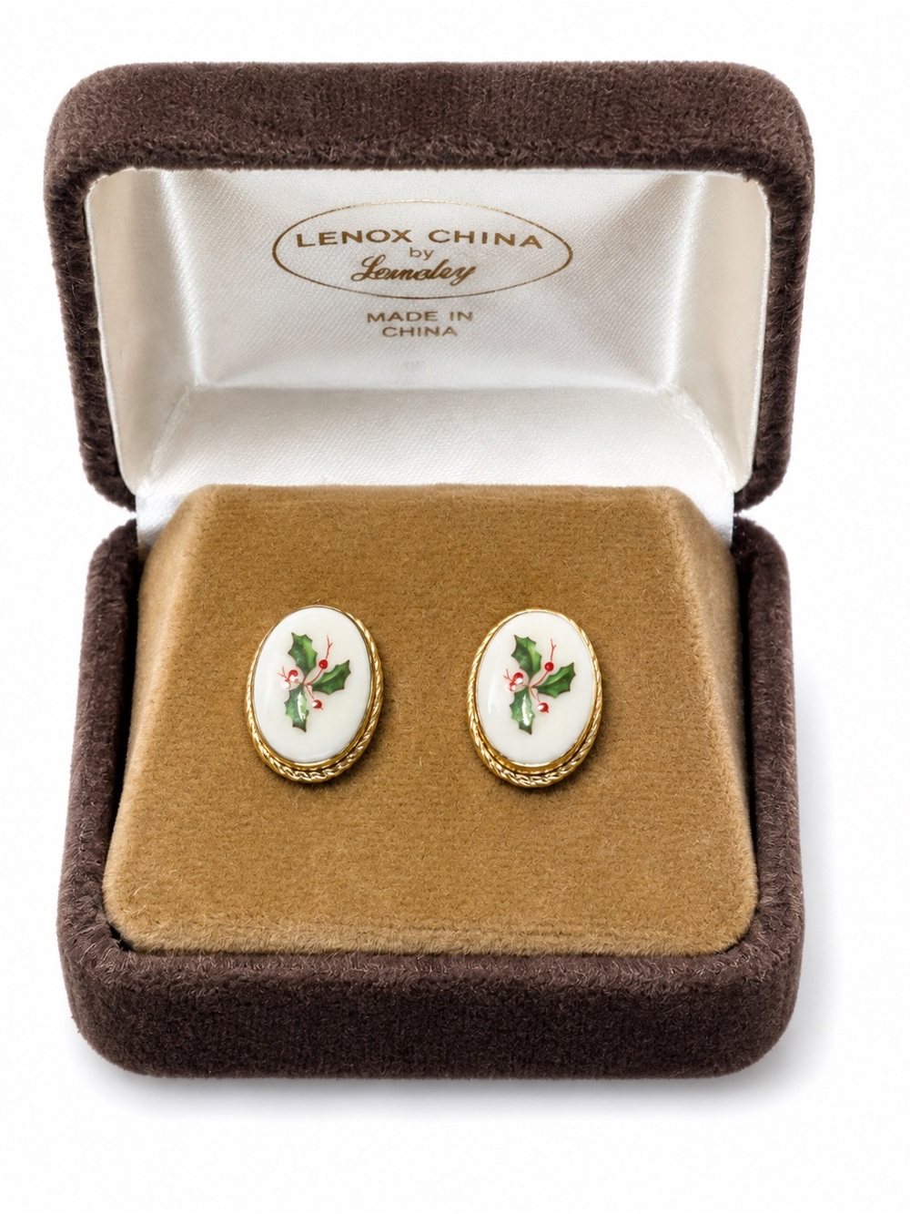 Vintage Lenox China Holiday Holly Oval Stud Earrings in White and Green